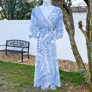 Calvin Klein Blue & White Floral Wrap Midi Dress Size 14 Boho Spring Easter